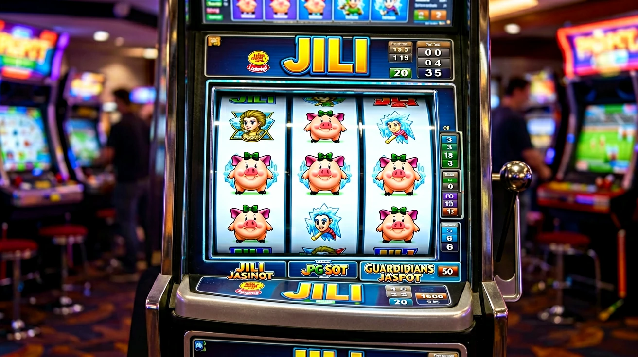 slot cabinet ၏ အလယ်ပိုင်းတွင် reel သုံးလိပ်နှင့် ဝက်ပုံ၊ ဇာတ်ကောင်သင်္ကေတများ ပြသထားပြီး ညာဘက်တွင် ဂဏန်း meter များ တန်းစီနေသည်၊ နောက်ခံတွင် အလားတူ cabinet များ မှုန်ဝါးစွာ မြင်ရသည်