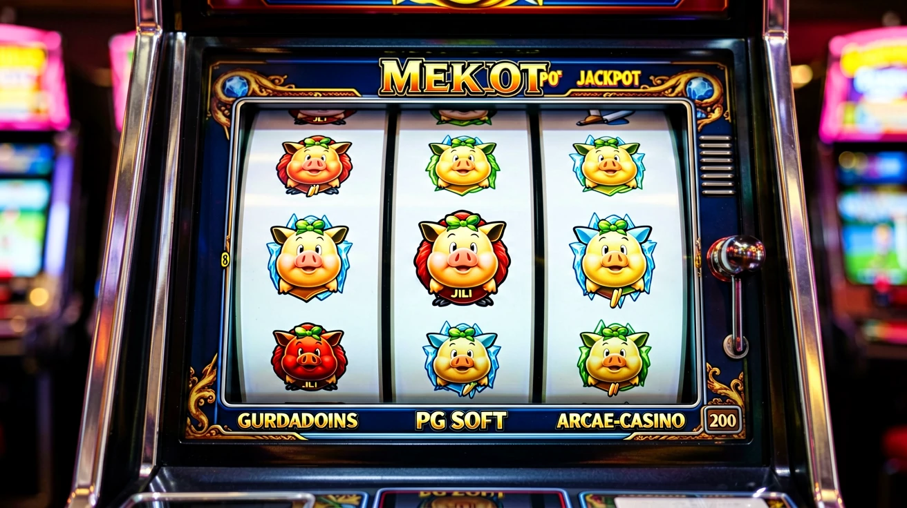 slot cabinet တစ်လုံး၏ reel သုံးလိပ်ကို နီးကပ်စွာမြင်ရပြီး reels အပေါ်တွင် jackpot အမှတ်အသား ဖော်ပြထားသည်